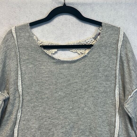 FREE PEOPLE Sweatshirt Women's XS Gray Cream Victorian Lace Crochet Open Back - Picture 2 of 11